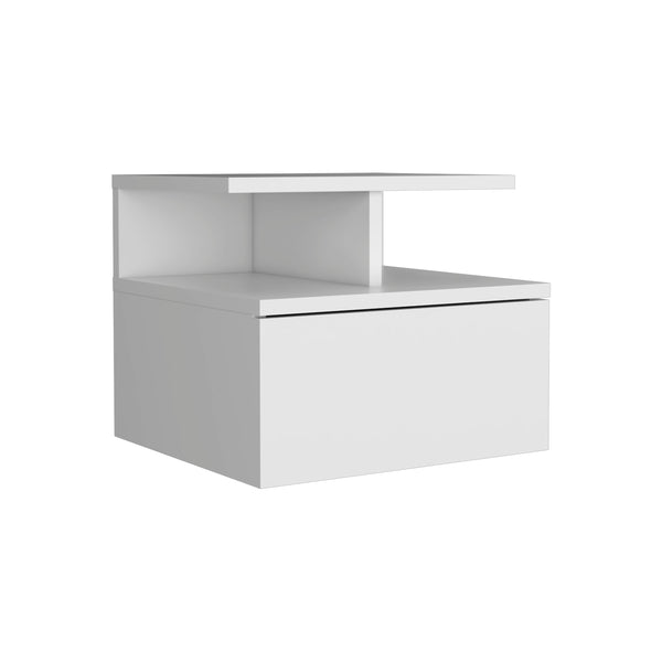 English Elm Floating Nightstand Sleek Wall-Mounted Cement-Look Organizer with Single Drawer and Two Shelves for Compact Bedrooms and Modern Minimalist Spaces White 17.71 L x 17.32 W x 3.94 H B097133176