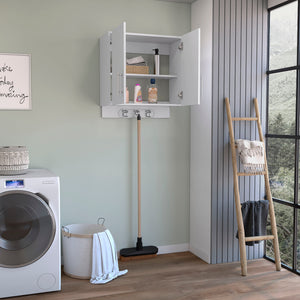English Elm Wall cabinet 27" H White with 3 Broom Hangers, Metal Handles, Dual Shelves & Double Doors for Storage B097132881
