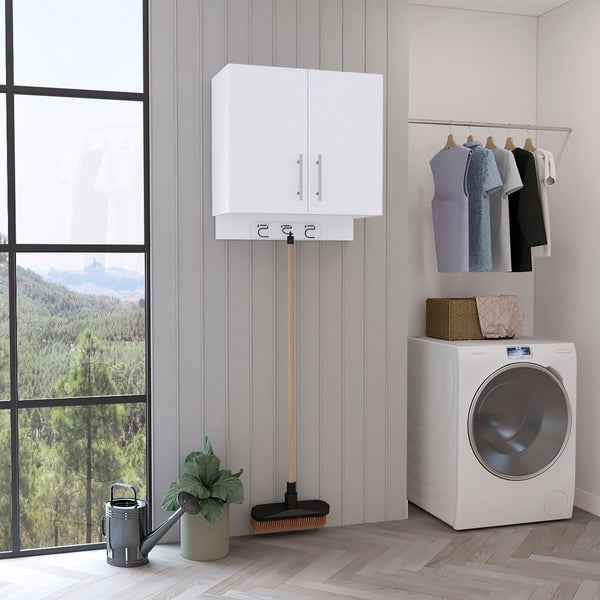 English Elm Kymo Wall Storage Cabinet with Broom Hangers, 2-Door White Organizer, Large Shelf, Ready-to-Assemble B20092125