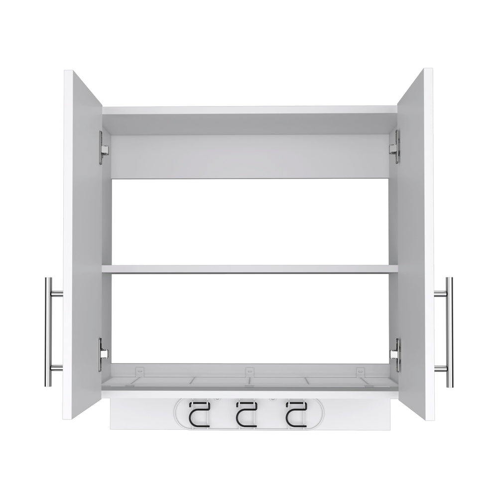 English Elm Wall cabinet 27" H White with 3 Broom Hangers, Metal Handles, Dual Shelves & Double Doors for Storage B097132881