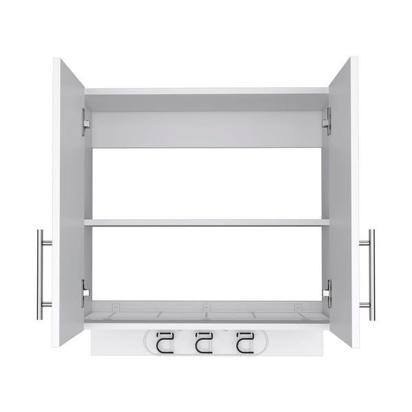 English Elm Wall cabinet 27" H White with 3 Broom Hangers, Metal Handles, Dual Shelves & Double Doors for Storage B097132881