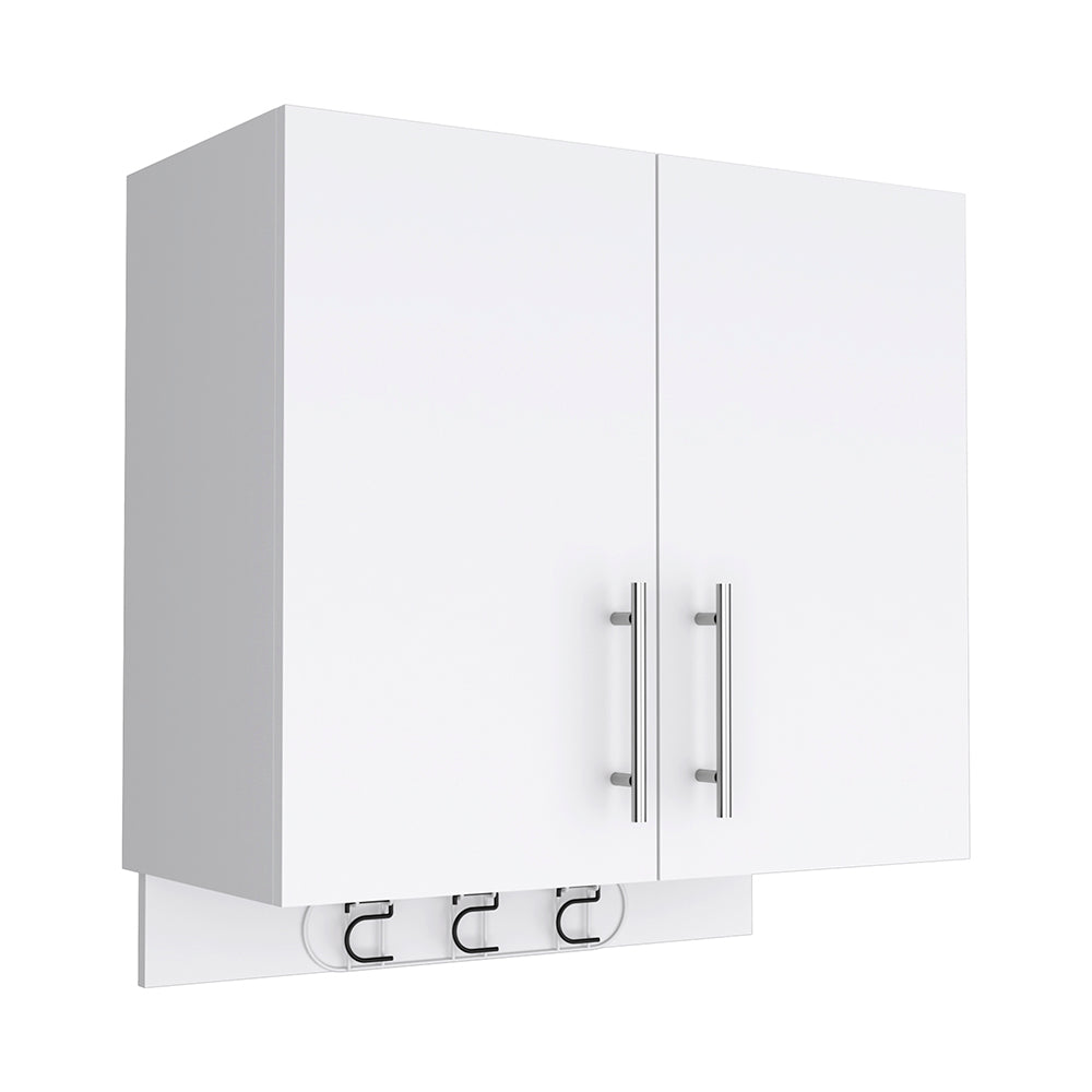 English Elm Wall cabinet 27" H White with 3 Broom Hangers, Metal Handles, Dual Shelves & Double Doors for Storage B097132881