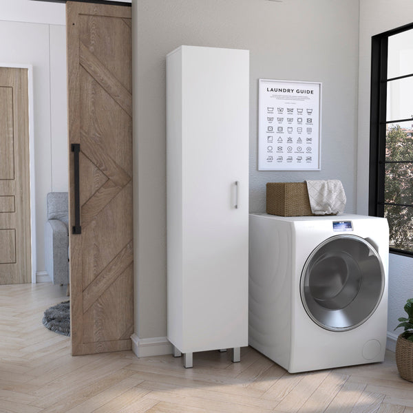 English Elm Storage Cabinet with Four Interior Shelves, Three Broom Hangers, Metal Legs for Organized Storage White 71.65 L x 20.86 W x 3.94 H B097133209