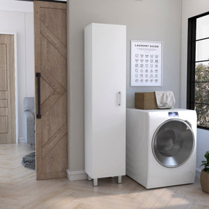 English Elm Vintro White Storage Cabinet with Broom Hangers, Metal Legs & Handle, 4 Shelves for Organized Rooms B07092126