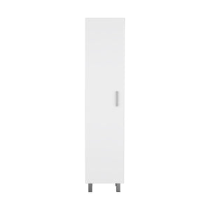 English Elm Storage Cabinet with Four Interior Shelves, Three Broom Hangers, Metal Legs for Organized Storage White 71.65 L x 20.86 W x 3.94 H B097133209