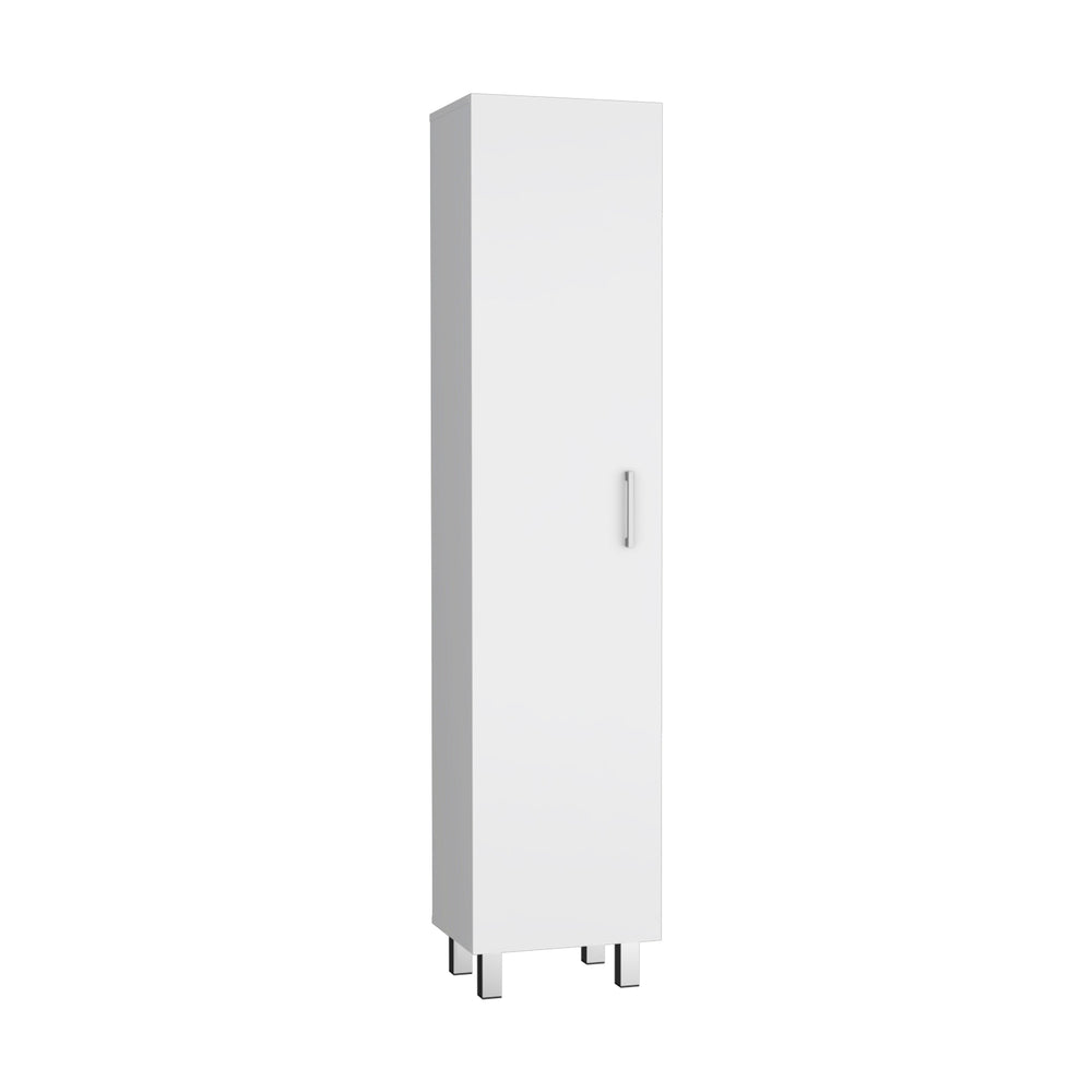 English Elm Vintro White Storage Cabinet with Broom Hangers, Metal Legs & Handle, 4 Shelves for Organized Rooms B07092126