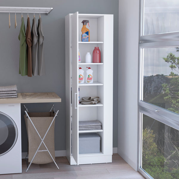 English Elm Storage Cabinet 72"H White with Six Shelves, Single Door, Three Broom Hangers & Sturdy Metal Handle Organize Efficiently B097133000