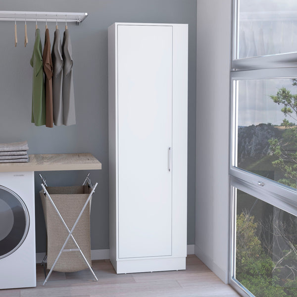 English Elm Storage Cabinet 72"H White with Six Shelves, Single Door, Three Broom Hangers & Sturdy Metal Handle Organize Efficiently B097133000