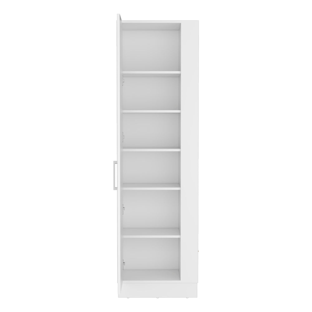 English Elm Storage Cabinet 72"H White with Six Shelves, Single Door, Three Broom Hangers & Sturdy Metal Handle Organize Efficiently B097133000