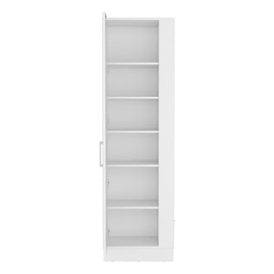 English Elm Storage Cabinet 72"H White with Six Shelves, Single Door, Three Broom Hangers & Sturdy Metal Handle Organize Efficiently B097133000