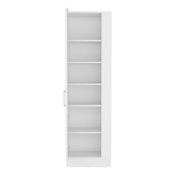 English Elm Storage Cabinet 72"H White with Six Shelves, Single Door, Three Broom Hangers & Sturdy Metal Handle Organize Efficiently B097133000