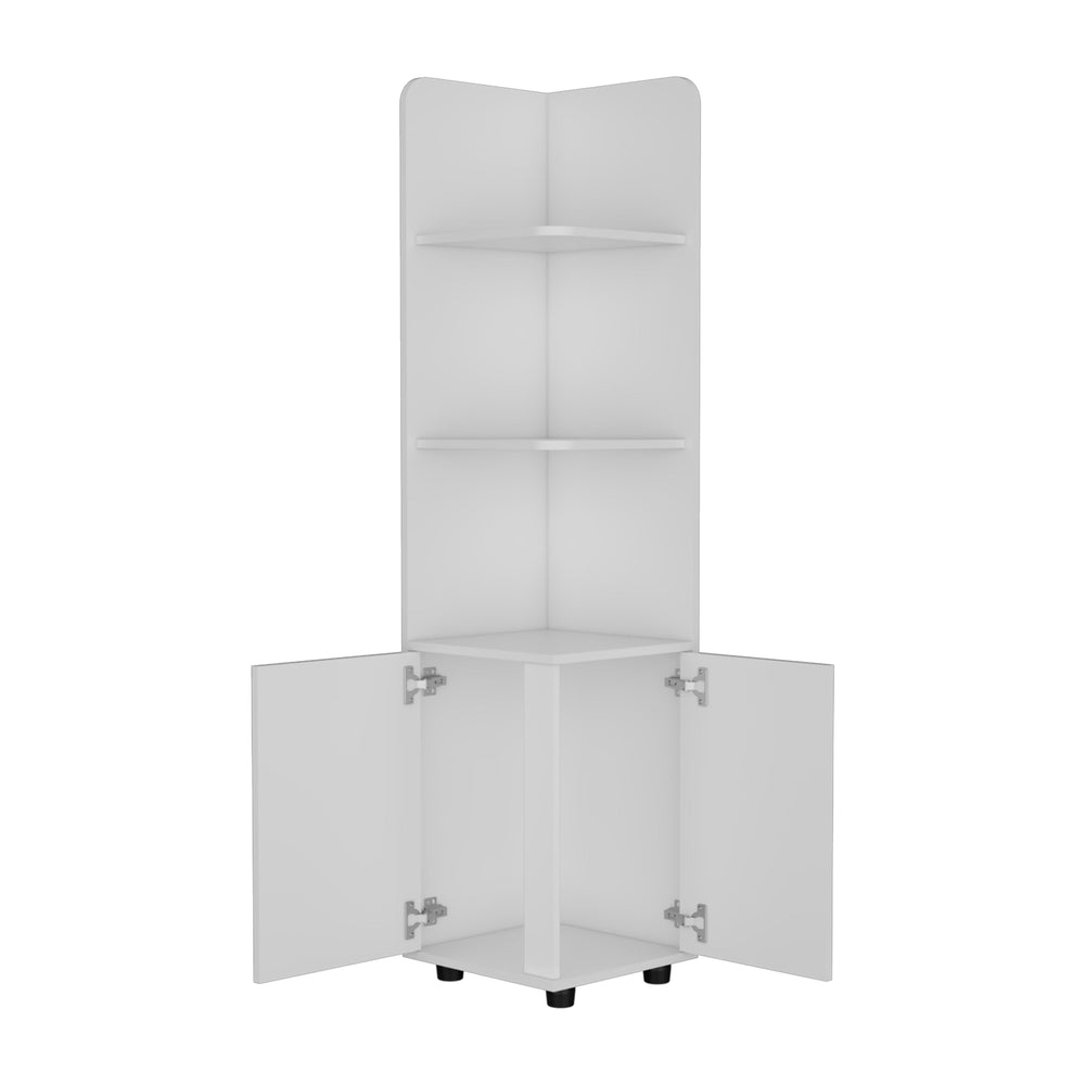 English Elm 62H" Corner Cabinet White with 3-Tier Open Shelves & 2-Door Base, Modern Legs, Space-Saving Bathroom Storage B097133210