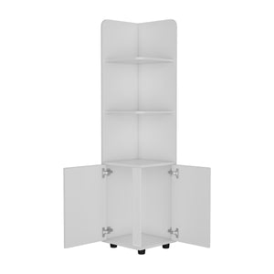 English Elm 62H" Corner Cabinet White with 3-Tier Open Shelves & 2-Door Base, Modern Legs, Space-Saving Bathroom Storage B097133210