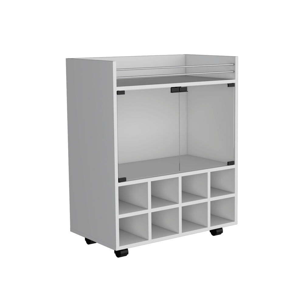 English Elm 32" White Bar Cart with Glass Door, 8-Bottle Rack, Aluminum Top & Smooth Casters for Entertaining B097133141