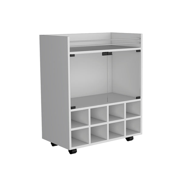 English Elm 32" White Bar Cart with Glass Door, 8-Bottle Rack, Aluminum Top & Smooth Casters for Entertaining B097133141