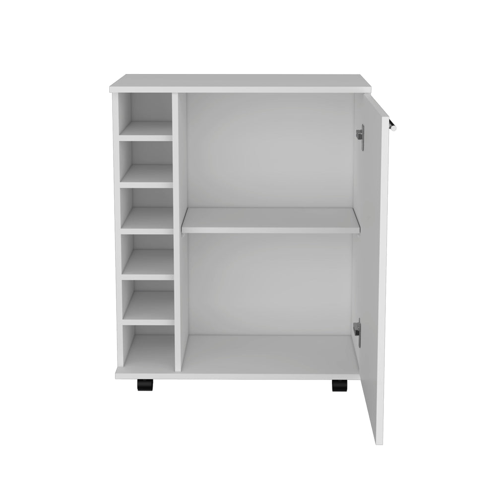 English Elm Bar Coffee Cart 32" H with Six-Bottle Rack, Rolling Cabinet Storage, Single-Door Shelf for Glasses and Snacks White 33.85 L x 24.4 W x 5.51 H B097133388