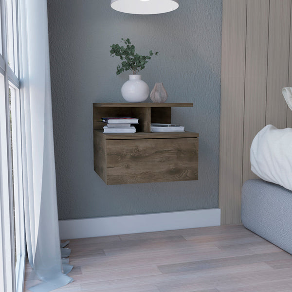 English Elm Floating Nightstand Sleek Wall-Mounted Cement-Look Organizer with Single Drawer and Two Shelves for Compact Bedrooms and Modern Minimalist Spaces Brown 17.71 L x 17.32 W x 3.94 H B097133173