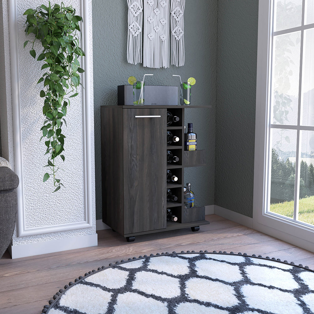 English Elm Bar Cart with Wine Rack Cabinet Open Shelves and Locking Casters for Home Entertaining B20091825