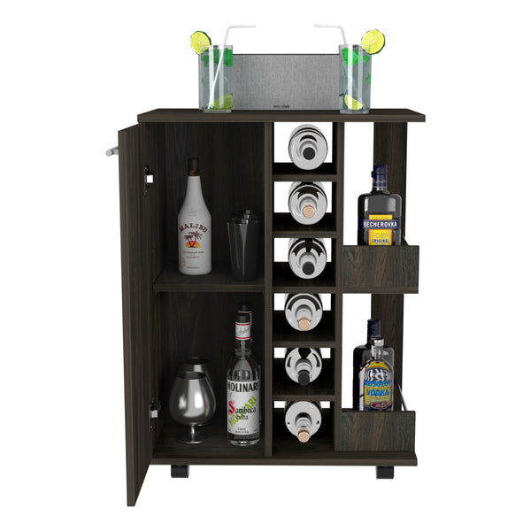 English Elm Bar Cart with Wine Cubbies Open Shelves Locking Casters and Cabinet Storage B07091825