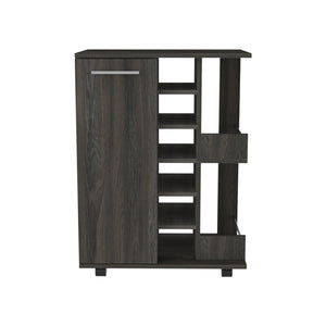 English Elm Bar Cart with Wine Rack Cabinet Open Shelves and Locking Casters for Home Entertaining B20091825