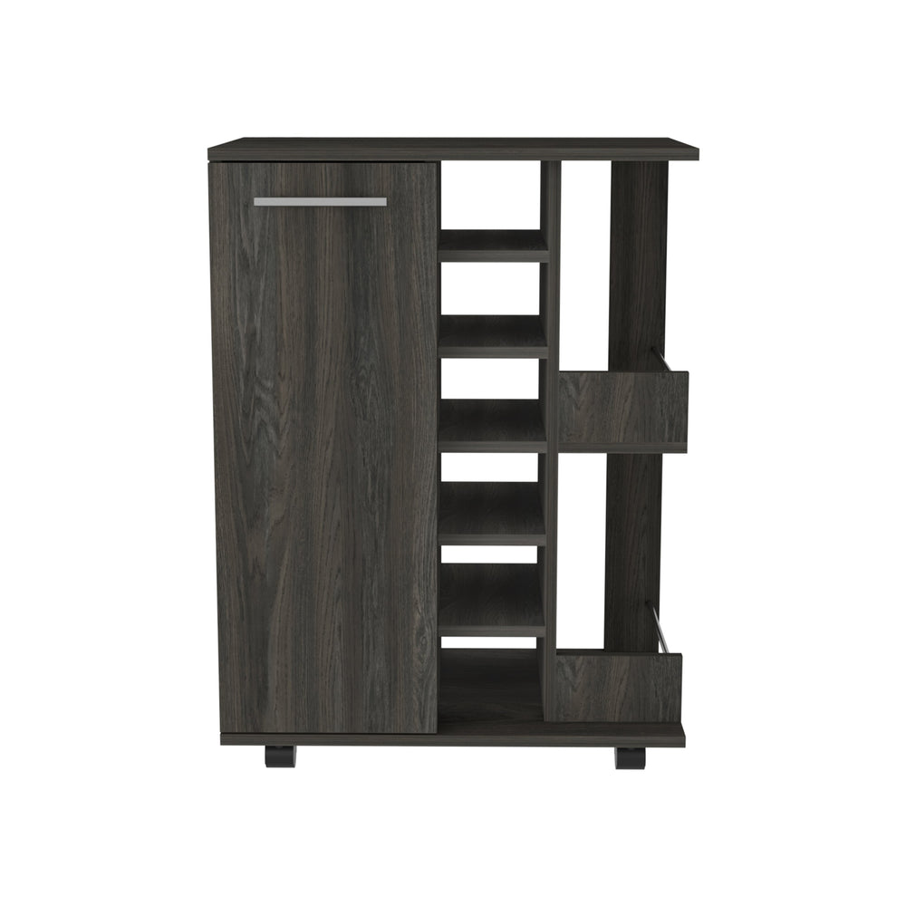 English Elm Bar Cart with Wine Cubbies Open Shelves Locking Casters and Cabinet Storage B07091825