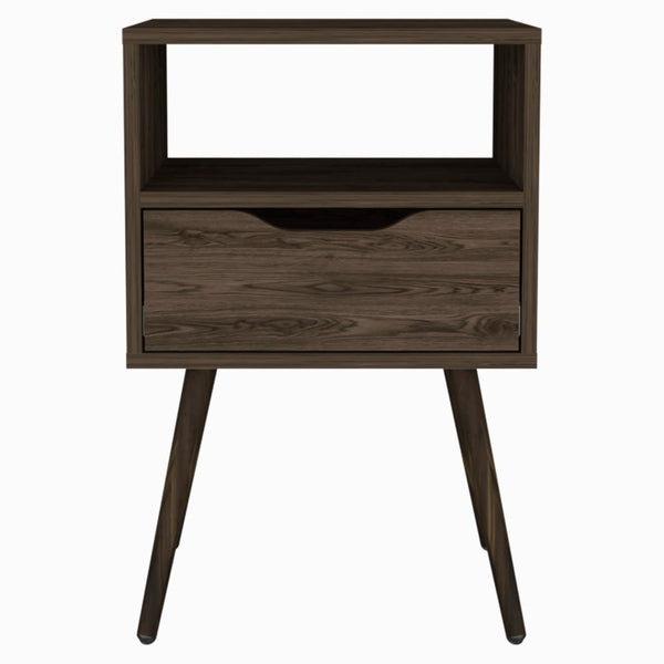 English Elm Otom Tall Nightstand Dark Walnut with Handle-Free Drawer & Open Shelf, Slim Metal Legs, 24.8" H B20091976
