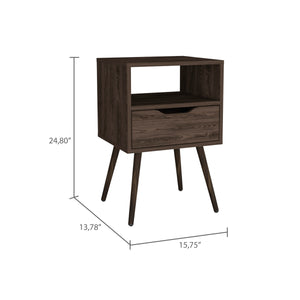 English Elm Otom Tall Nightstand Dark Walnut with Handle-Free Drawer & Open Shelf, Slim Metal Legs, 24.8" H B20091976