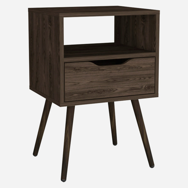 English Elm Nightstand In Dark Walnut - Stylish 25"H Design With Open Shelf, Drawer, And Superior Top For Storage B097132995