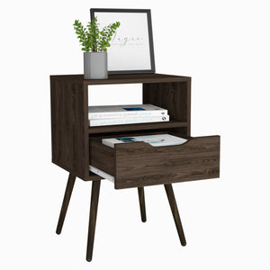 English Elm Nightstand In Dark Walnut - Stylish 25"H Design With Open Shelf, Drawer, And Superior Top For Storage B097132995