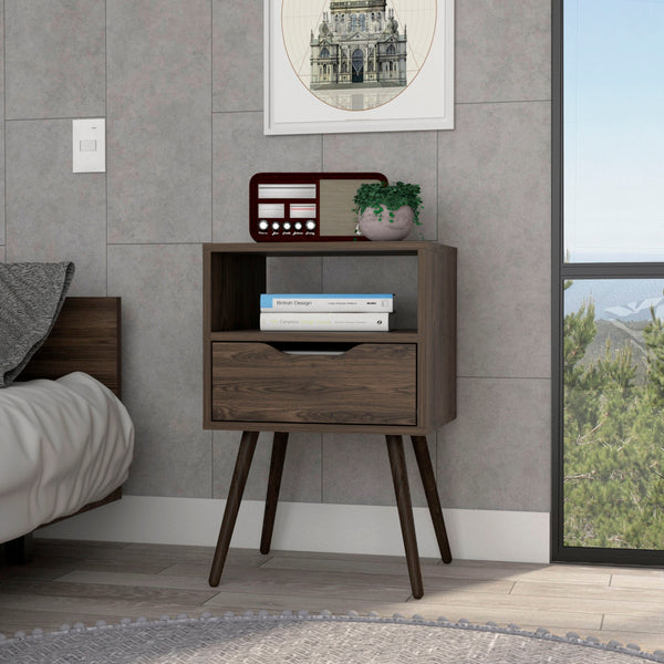 English Elm Nightstand In Dark Walnut - Stylish 25"H Design With Open Shelf, Drawer, And Superior Top For Storage B097132995