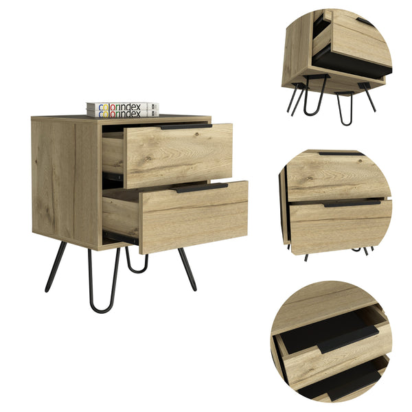 English Elm Augusta Light Oak Nightstand with Hairpin Legs, 2 Drawers, Compact Tall Side Table for Small Spaces B20091892