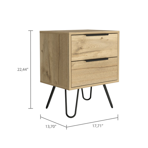 English Elm Augusta Light Oak Nightstand with Hairpin Legs, 2 Drawers, Compact Tall Side Table for Small Spaces B20091892