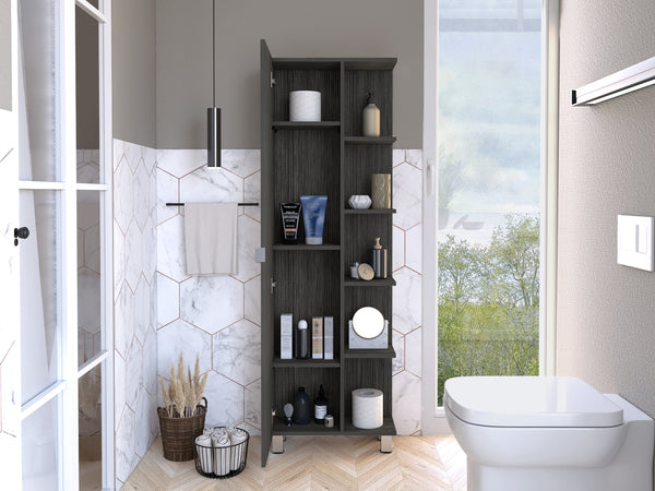 English Elm Urano Linen Cabinet with Mirror and Covered Storage, Four Interior Shelves, Smokey Oak Finish Gray 63.8 L x 16.9 W x 5.5 H B07091990