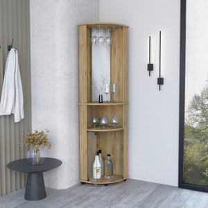 English Elm Bar-coffee corner cabinet storage 74" H macadamia with rounded front, mirror, wine glass rack, shelves B097133106