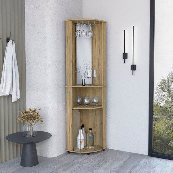 English Elm Bar-coffee corner cabinet storage 74" H macadamia with rounded front, mirror, wine glass rack, shelves B097133106