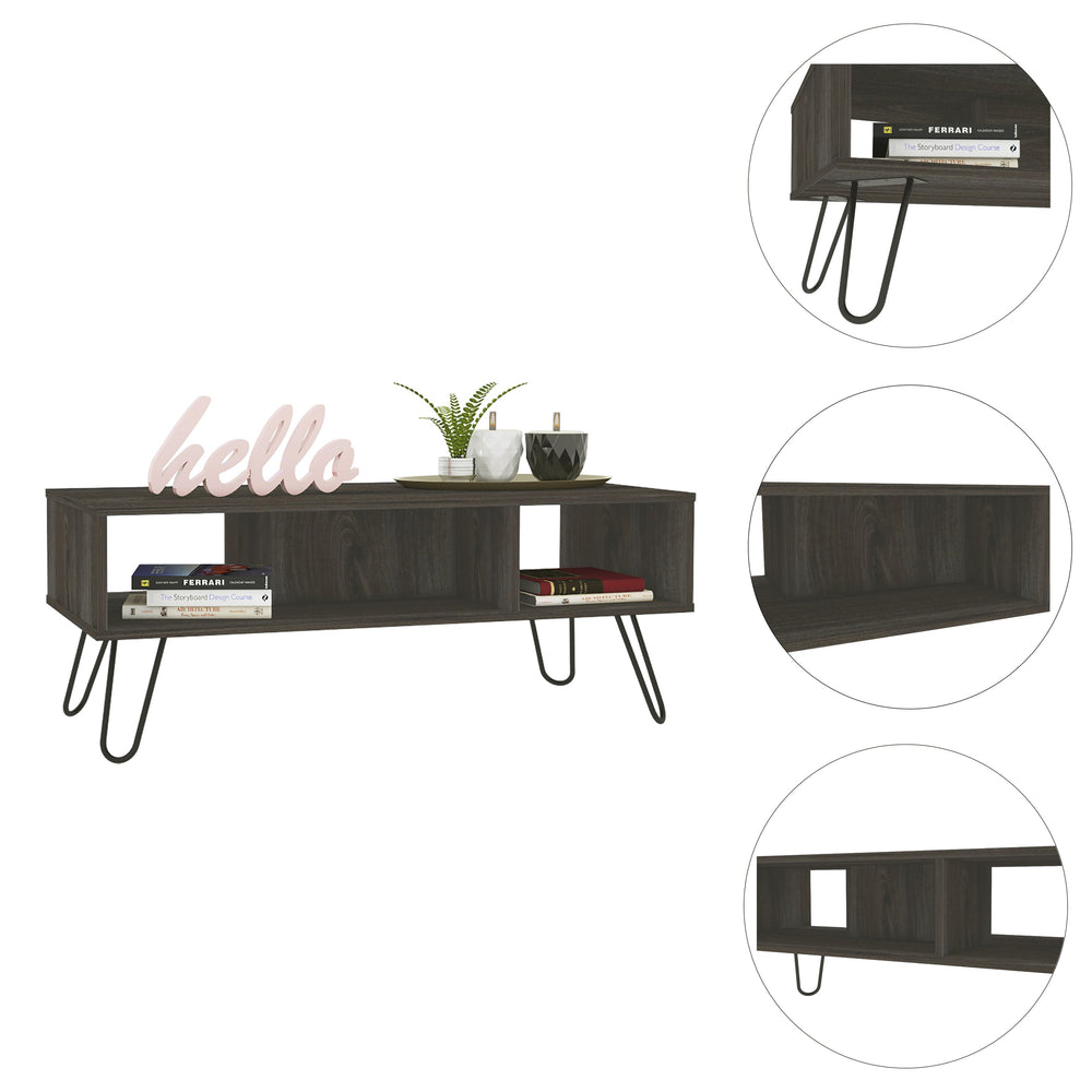 English Elm Vassel Espresso Coffee Table with Hairpin Legs and Two Shelves, Rustic Brown Particleboard Accent Piece B07091996