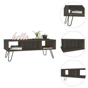 English Elm Vassel Espresso Coffee Table with Hairpin Legs and Two Shelves, Rustic Brown Particleboard Accent Piece B07091996