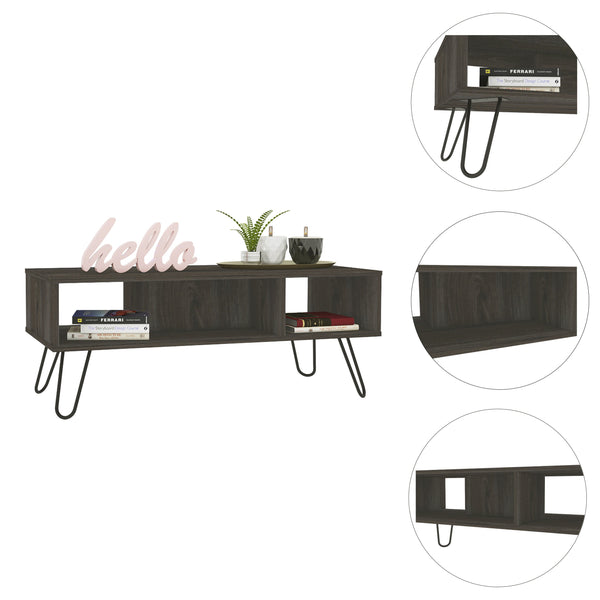 English Elm Vassel Espresso Coffee Table with Hairpin Legs and Two Shelves, Rustic Brown Particleboard Accent Piece B07091996