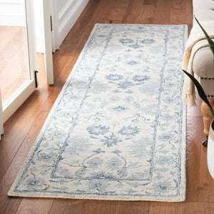 Safavieh Micro-Loop Hand-Tufted Round Wool Rug In Deep Blue & Ivory — Floral Border, Low-Profile Plush Finish 3'-0" x 3'-0" MLP276M-3R