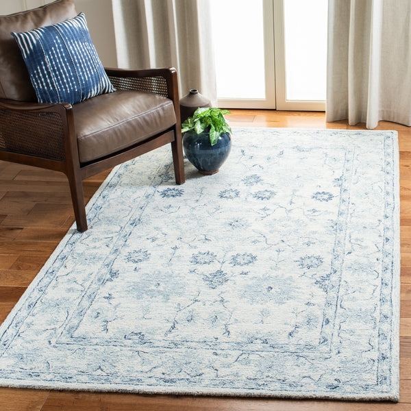 Safavieh Micro-Loop Hand-Tufted Round Wool Rug In Deep Blue & Ivory — Floral Border, Low-Profile Plush Finish 3'-0" x 3'-0" MLP276M-3R