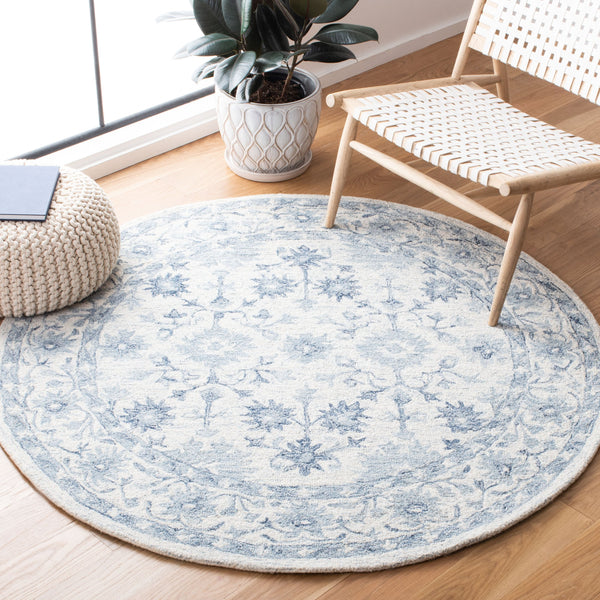Safavieh Micro-Loop Hand-Tufted Round Wool Rug In Deep Blue & Ivory — Floral Border, Low-Profile Plush Finish 3'-0" x 3'-0" MLP276M-3R