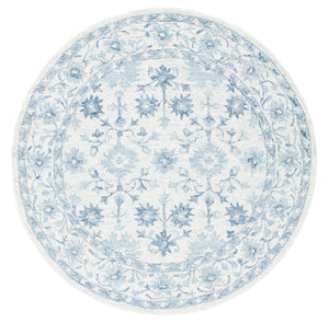 Safavieh Micro-Loop Hand-Tufted Round Wool Rug In Deep Blue & Ivory — Floral Border, Low-Profile Plush Finish 3'-0" x 3'-0" MLP276M-3R