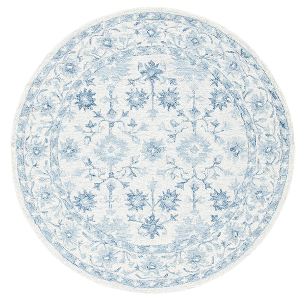 Safavieh Micro-Loop Hand-Tufted Round Wool Rug In Deep Blue & Ivory — Floral Border, Low-Profile Plush Finish 3'-0" x 3'-0" MLP276M-3R