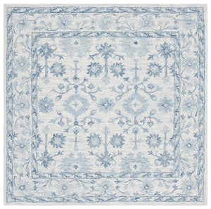 Safavieh Micro-Loop Hand-Tufted Round Wool Rug In Deep Blue & Ivory — Floral Border, Low-Profile Plush Finish 3'-0" x 3'-0" MLP276M-3R