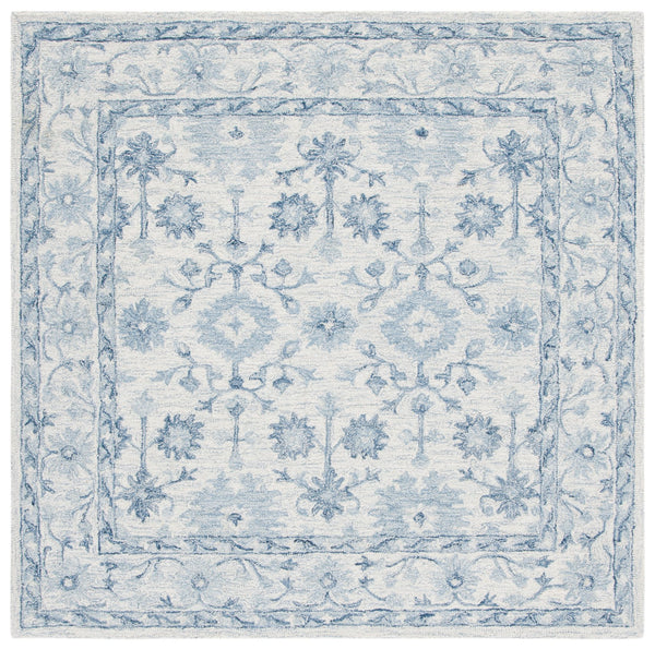 Safavieh Micro-Loop Hand-Tufted Round Wool Rug In Deep Blue & Ivory — Floral Border, Low-Profile Plush Finish 3'-0" x 3'-0" MLP276M-3R