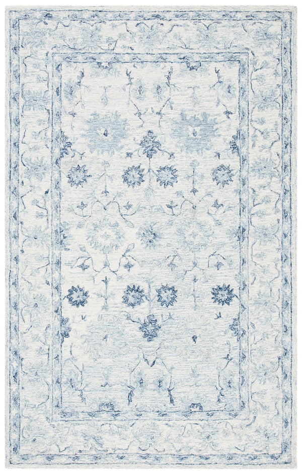 Safavieh Micro-Loop Hand-Tufted Round Wool Rug In Deep Blue & Ivory — Floral Border, Low-Profile Plush Finish 3'-0" x 3'-0" MLP276M-3R