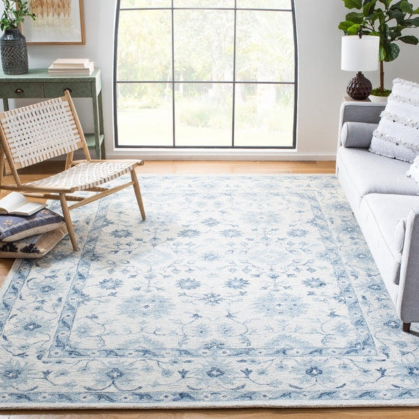 Safavieh Micro-Loop Hand-Tufted Round Wool Rug In Deep Blue & Ivory — Floral Border, Low-Profile Plush Finish 3'-0" x 3'-0" MLP276M-3R