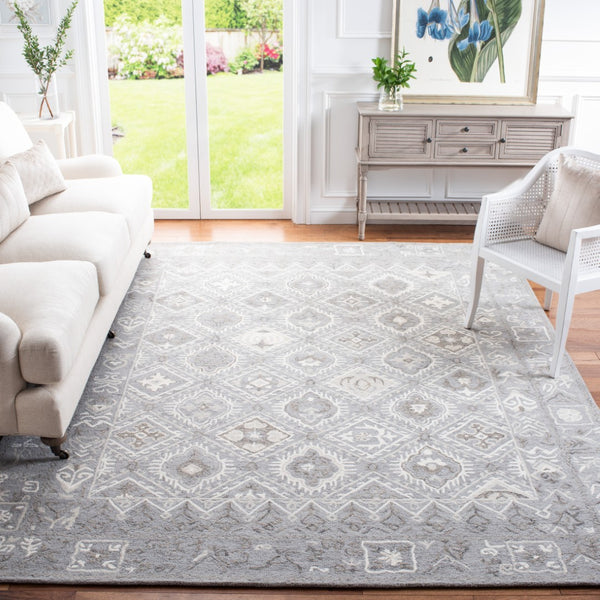 Safavieh Micro-loop Hand-tufted Area Rug - Elegant Cotton Design With Geometric Pattern For Modern Spaces Ivory ,Grey Cotton Mlp517g-5sqr