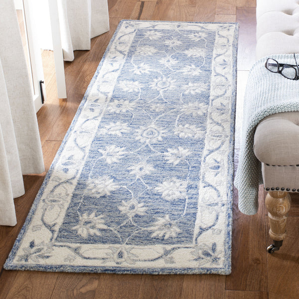Safavieh Micro-Loop Hand-Tufted Blue Ivory Wool-Cotton Rug Low-Profile Floral Design For Timeless Living Spaces 6'-0" x 9'-0" MLP536M-6