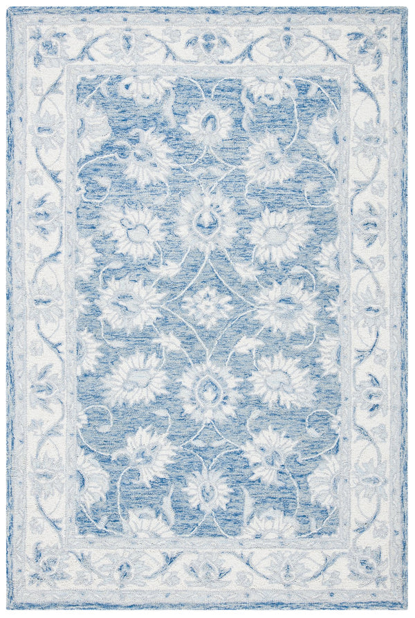 Safavieh Micro-Loop Hand-Tufted Blue Ivory Wool-Cotton Rug Low-Profile Floral Design For Timeless Living Spaces 6'-0" x 9'-0" MLP536M-6